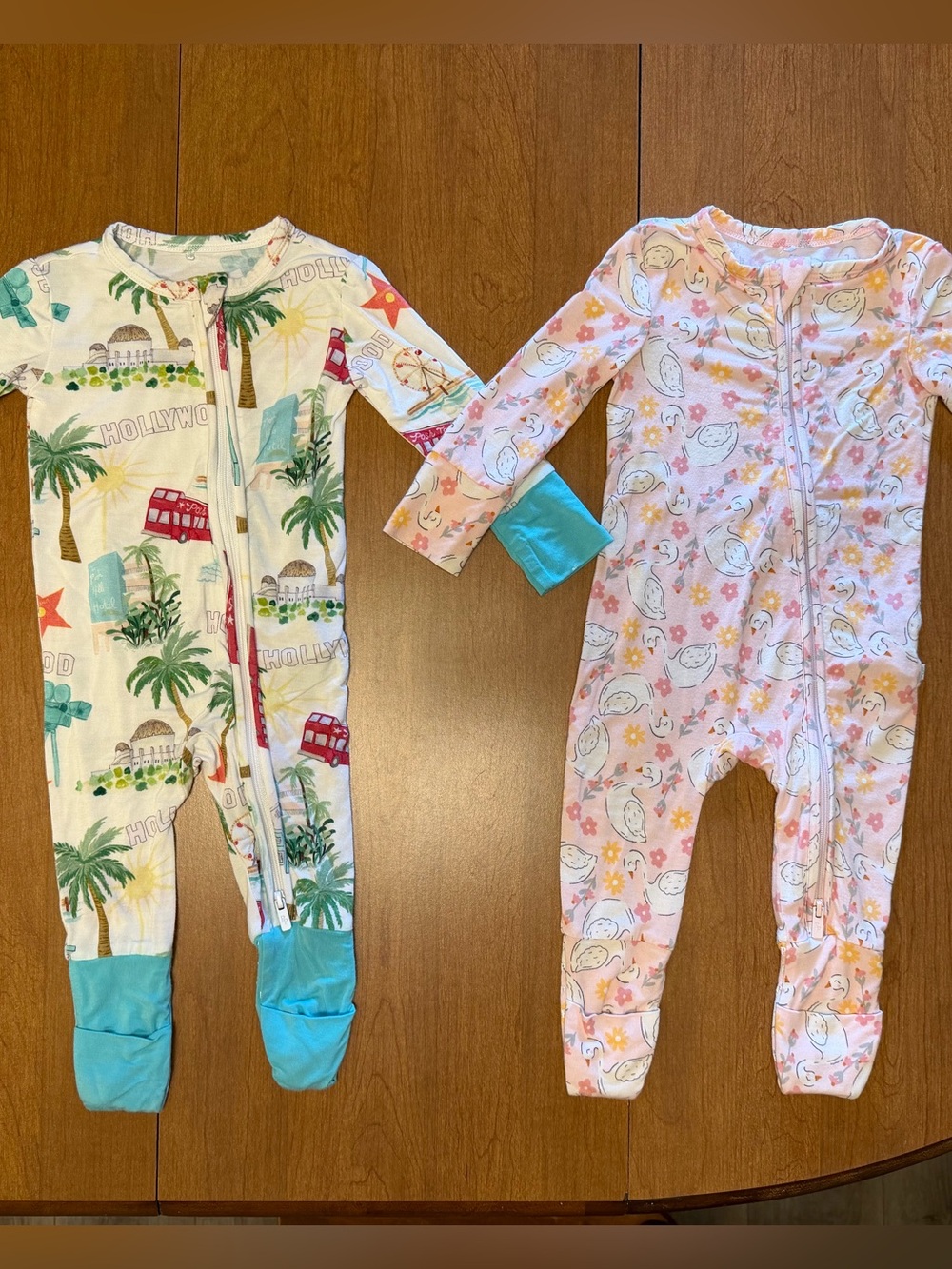 Posh Peanut White Hollywood & Pink Swan Printed Footed One-Piece Pajamas